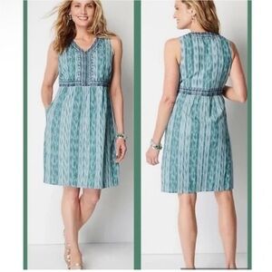 J. Jill Embroidered Cotton Tunic Dress Green Blue Medium